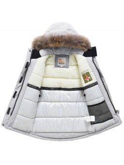 Парка зимняя подростковая для девочки с капюшоном и мехом серого цвета 9532Sr