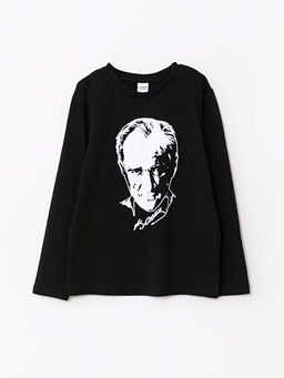 Bisiklet Yaka Atat?rk Bask?l? Uzun Kollu Pamuklu Erkek ?ocuk Ti??rt