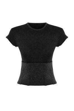 Antrasit Duz Y?kamal? Slim Bisiklet Yaka Crop Orme Bluz TWOSS24BZ00405