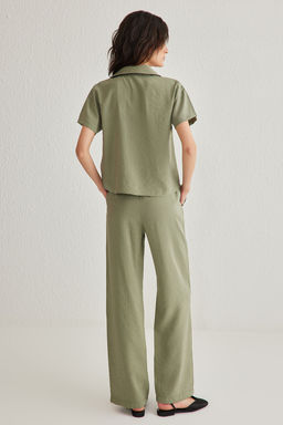 Haki Modal Yumusak Tuseli K?sa Kollu Gomlek Genis Paca Pantolon Dokuma Alt-Ust Tak?m TWOSS25AU00026 - Trendyolmilla фото 6