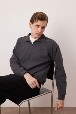 Lacivert Yeni Oversize/Genis Kesim Penguen Nak?sl? Dokulu Dik Yaka Sweatshirt TMNAW26SW00014 - Trendyolmilla фото 3