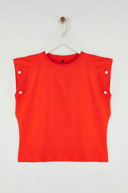 Turuncu %100 Pamuk Z?mba Detayl? Vatka Gorunumlu Relaxed Bisiklet Yaka Orme T-Shirt TWOSS23TS00016