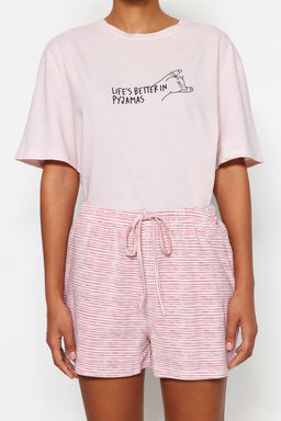 Trendyolmilla Ac?k Mavi Pamuklu Cizgili Slogan Bask?l? Sortlu Orme Pijama Tak?m? THMSS23PT00228  фото 11