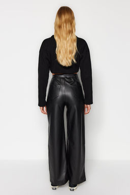 Siyah Suni Deri Wide Leg Cep Detayl? Orme Pantolon TWOAW24PL00103