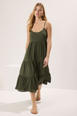 Haki Duz Etegi Belden Ac?lan Midi Dokuma Elbise TWOSS22EL1837