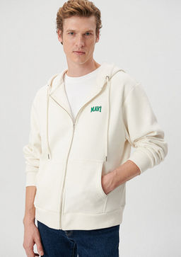Mavi Logo Bask?l? Kap??onlu Bej Sweatshirt