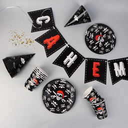 Набор бумажной посуды Пиратский, 6 тарелок, 6 стаканов, 6 колпаков, 1 гирлянда - Страна карнавалия фото 2