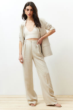 Bej Nervurlu Wide Leg/Genis Paca Pamuk Keten Dokuma Pantolon TWOSS24PL00062