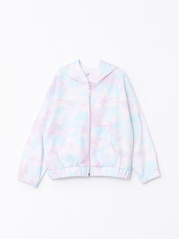 Kap??onlu Batik Desenli Uzun Kollu K?z ?ocuk Fermuarl? Sweatshirt