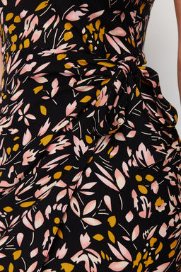 Siyah Cicekli Baglama Detayl? A-line Midi Dokuma Elbise TWOSS24EL00458