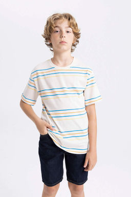 Полосатая футболка с короткими рукавами для мальчиков с круглым вырезом - Defacto фото 3