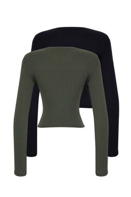 Siyah-Haki 2li Paket Fitted/Vucuda Oturan Bisiklet Yaka Crop Fitilli Esnek Orme Bluz TWOAW22BZ0331