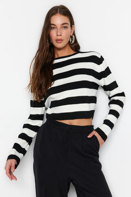 Siyah Crop Basic Cizgili Triko Kazak TWOAW23KZ00034