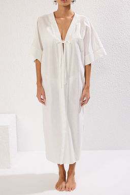 Ekru Maxi Dokuma Baglamal? Flaml? Pamuk Plaj Kimono&Kaftan TBESS25KM00017 - Trendyolmilla фото 4