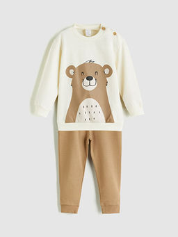 Bisiklet Yaka Bask?l? Erkek Bebek Sweatshirt ve Pantolon 2li