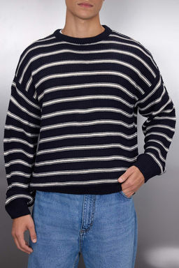 TRENDYOL MAN Lacivert Casual Unisex Oversize Bisiklet Yaka Cizgili Triko Kazak TMNAW25KZ00025 - Trendyolmilla фото 22