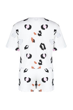 Beyaz-Cok Renkli %100 Pamuklu Leopar Desenli Sloganl? Sortlu Orme Pijama Tak?m? THMSS24PT00032