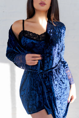 Халат бархатный с кружевом Х 008 (Индиго)