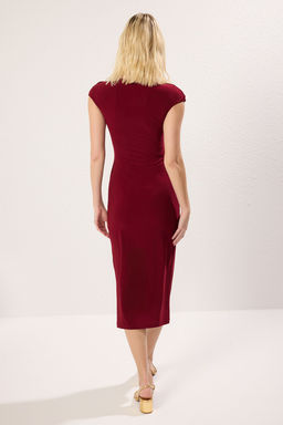 TRENDYOLMILLA Bordo Ay Kol Drapeli Vucuda Oturan Esnek Midi Orme Elbise TWOSS25EL00369  фото 5