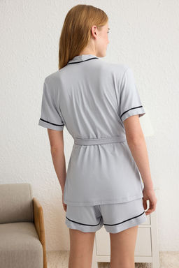 Trendyolmilla Mavi Kusakl? Baglama ve Biye Detayl? Viskon Sortlu Hamile Orme Pijama Tak?m? THMSS25PT00111  фото 5