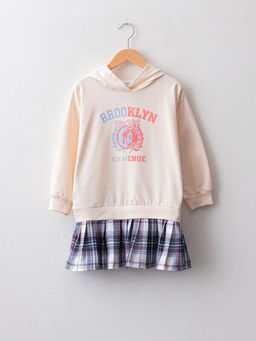 Kap??onlu Bask?l? Uzun Kollu K?z ?ocuk Elbise