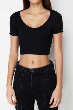 Siyah Havuz Yaka Baby Overlok Detayl? Crop Fitilli Esnek Orme Bluz TWOSS24BZ00197 - Trendyolmilla фото 4