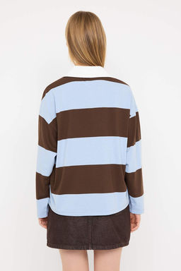 Kahverengi Cizgili Polo Yaka Oversize/Genis Kal?p Orme Sweatshirt TWOAW26SW00051