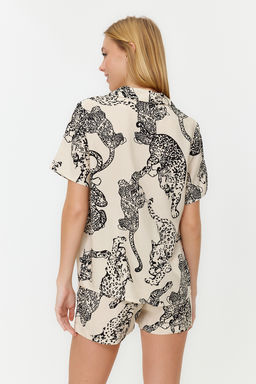 Krem Kaplan Desenli Viskon Sortlu Dokuma Pijama Tak?m? THMSS24PT00011