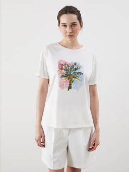 Bisiklet Yaka Bask?l? Kad?n Ti??rt