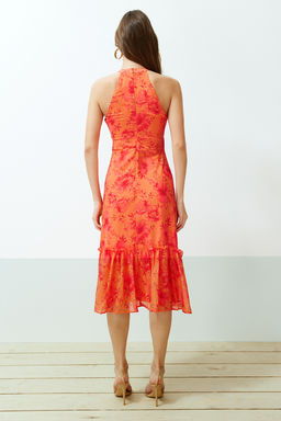 TRENDYOLMILLA Lacivert Cicek Desenli A Kesim Halter Yaka Astarl? Midi Dokuma Elbise TWOSS19LJ0200  фото 6