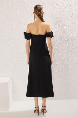 TRENDYOLMILLA Siyah Carmen Yaka Tas Bask? Detayl? Dokuma Midi S?k Elbise TPRSS25EL00243 фото 9