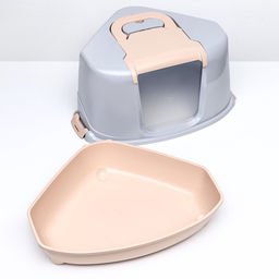 Туалет-домик угловой для кошек закрытый с дверцей 57×46×37 см, бежево-серый