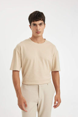 Мужская бежевая базовая футболка свободного кроя с широким вырезом и круглым вырезом из вафельной ткани с короткими рукавами