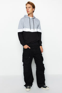 Gri Slim/Dar Kesim Kapusonlu Kanguru Cepli Renk Bloklu Kal?n Sweatshirt TMNAW20SW0208