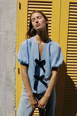 LINEN BLEND TIE BLOUSE