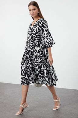 Siyah Cicekli Desenli Genis Kesim V Yaka Dokuma Elbise TWOSS24EL01029 - Trendyolmilla фото 2