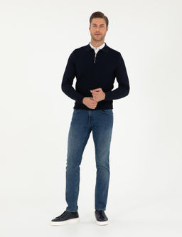 Lacivert Regular Fit Fermuarl_ Polo Yaka Triko Kazak