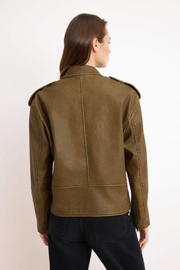 Kahverengi Oversize Kal?p Y?kama Efekctli Suni Deri Biker Ince Ceket Mont TWOAW25MO00010 - Trendyolmilla фото 15