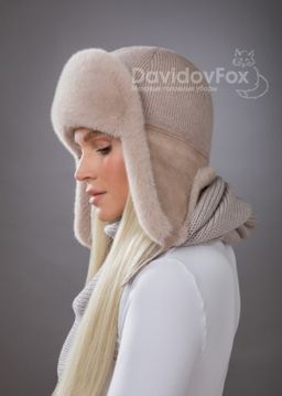 Комплект ушанка трикотаж экомех дымчатая роза косынка