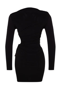 Trendyolmilla Saks Vucuda Oturan Pencere/Cut Out Detayl? Orme K?sa S?k Abiye Elbise TPRAW24EL00063  фото 8