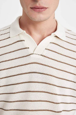 Трикотажная футболка-поло обычного кроя в полоску с короткими рукавами - Defacto фото 7