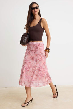 Cok Renkli Sal Desen Boho/Boho Chic Skater Yuksek Bel Midi Tul Orme Etek TWOSS26ET00163