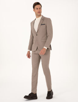 Bej Extra Slim Fit Y_n Kar___ml_ _izgili Tak_m Elbise