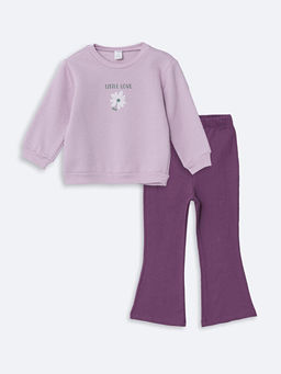 Bisiklet Yaka Uzun Kollu ?i?ekli K?z Bebek Sweatshirt ve Tayt 2li Tak?m