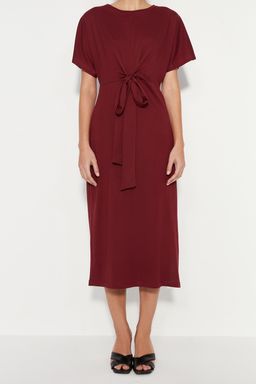 Bordo %100 Pamuk Bele Oturan Y?rtmac ve Baglama Detayl? Midi Orme Kalem Elbise TWOSS21EL0404