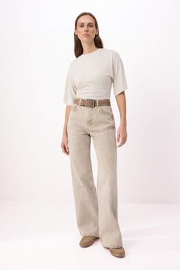 Bej Yuksek Bel %100 Pamuk Wide Leg Genis Paca Jeans TWOSS26JE00181