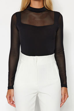 Siyah Slim Tul Detayl? Uzun Kollu Dik Yaka Alttan C?tc?tl?Esnek Orme Body TWOAW24BD00049