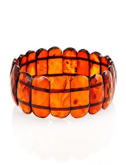 Браслет из натурального цельного янтаря Гранёные пластинки коньячные