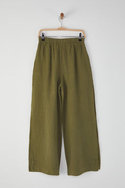 Haki Dokuma Y?rtmacl? %100 Keten Maxi Plaj Yuksek Bel Pantolon TBESS25PL00004