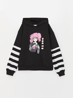 Bask?l? Uzun Kollu K?z ?ocuk Hoodie